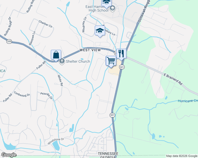 map of restaurants, bars, coffee shops, grocery stores, and more near 9646 East Brainerd Road in Chattanooga