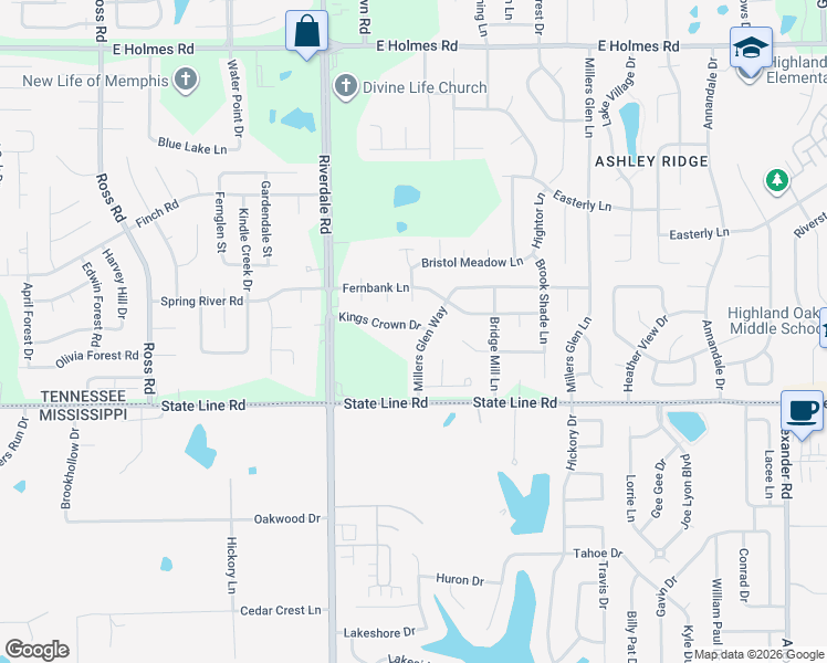 map of restaurants, bars, coffee shops, grocery stores, and more near 7077 Kings Crown Drive in Memphis