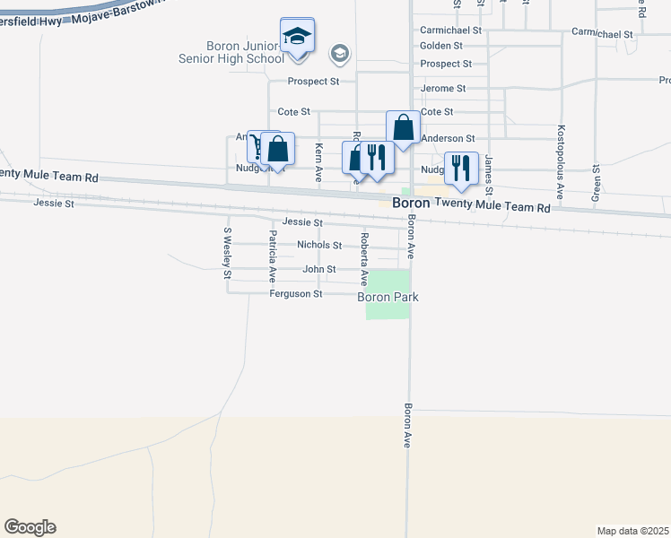 map of restaurants, bars, coffee shops, grocery stores, and more near 26800 John Street in Boron