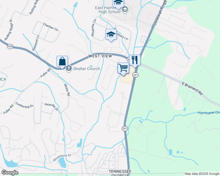map of restaurants, bars, coffee shops, grocery stores, and more near 9646 East Brainerd Road in Chattanooga