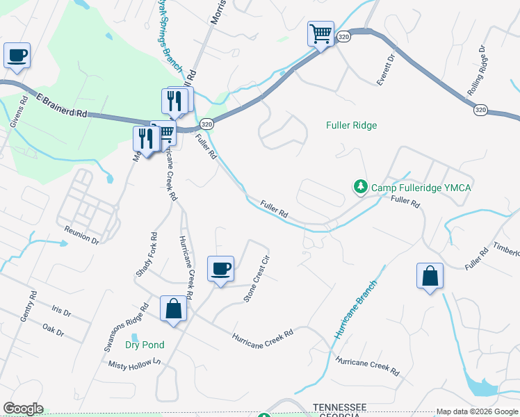 map of restaurants, bars, coffee shops, grocery stores, and more near 8934 Fuller Road in Chattanooga