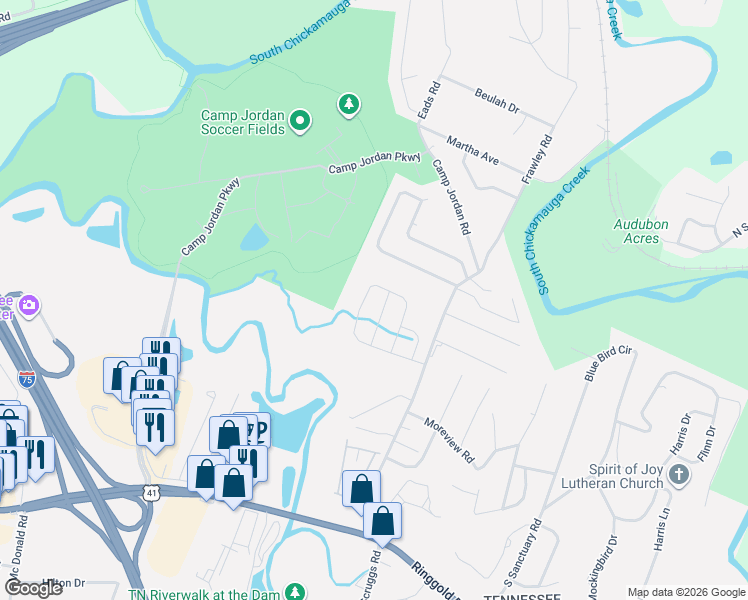 map of restaurants, bars, coffee shops, grocery stores, and more near 503 Frawley Road in Chattanooga