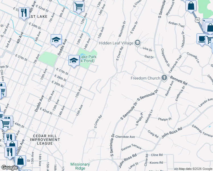 map of restaurants, bars, coffee shops, grocery stores, and more near 562 West Shadowlawn Drive in Chattanooga