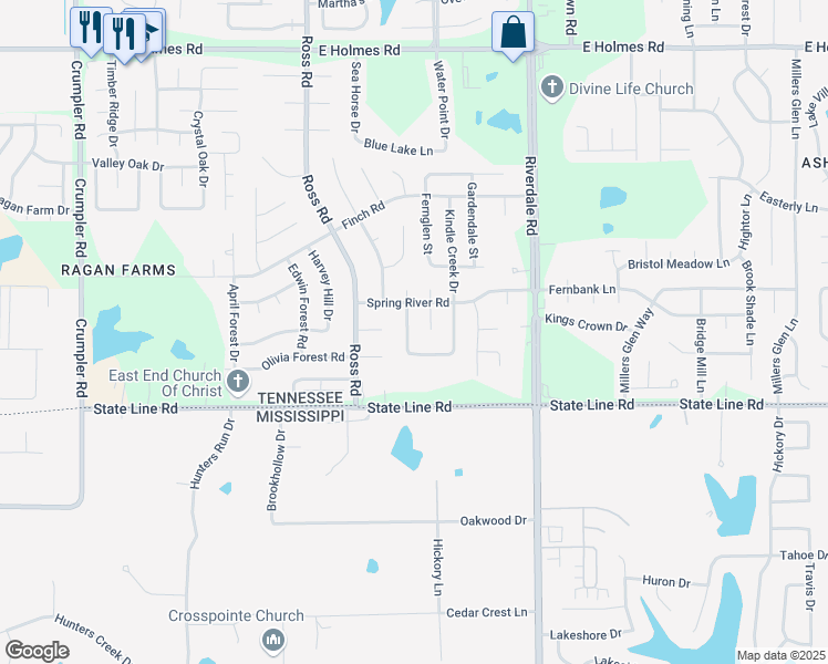 map of restaurants, bars, coffee shops, grocery stores, and more near 5552 Kindle Ridge Drive in Memphis