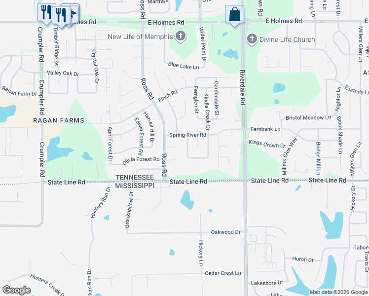 map of restaurants, bars, coffee shops, grocery stores, and more near 5551 Kindle Ridge Drive in Memphis