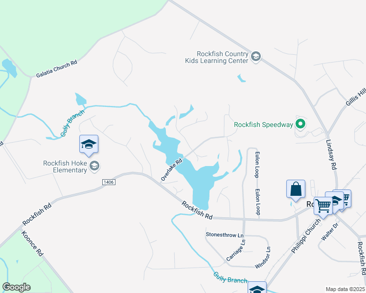 map of restaurants, bars, coffee shops, grocery stores, and more near 206 Shoreline Drive in Raeford