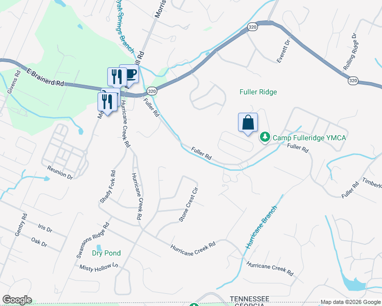 map of restaurants, bars, coffee shops, grocery stores, and more near 8934 Fuller Road in Chattanooga