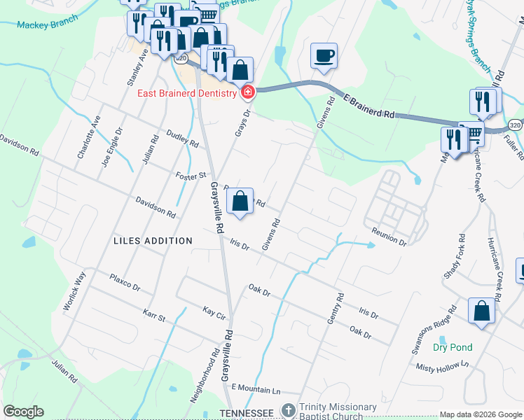 map of restaurants, bars, coffee shops, grocery stores, and more near 8238 Patterson Road in Chattanooga