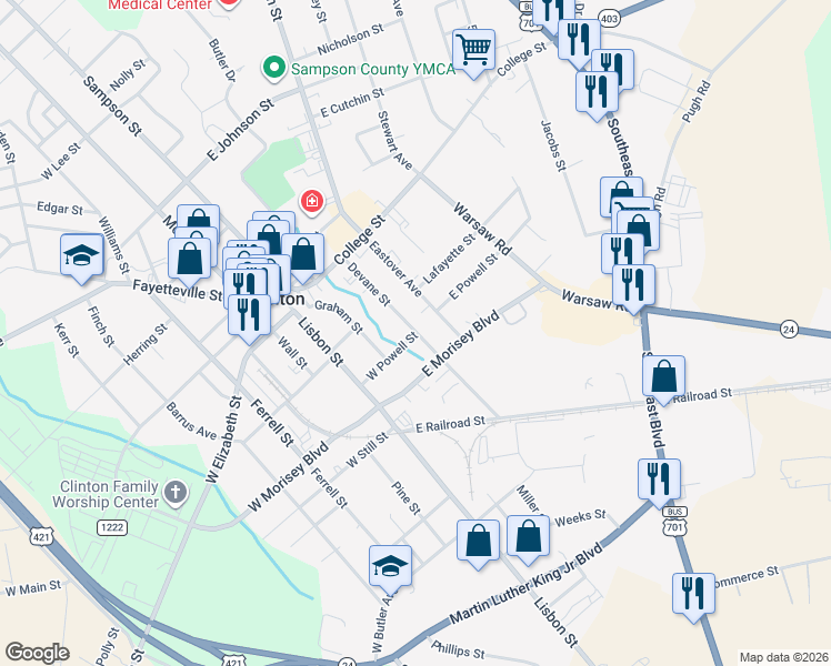 map of restaurants, bars, coffee shops, grocery stores, and more near 298 W Powell St in Clinton