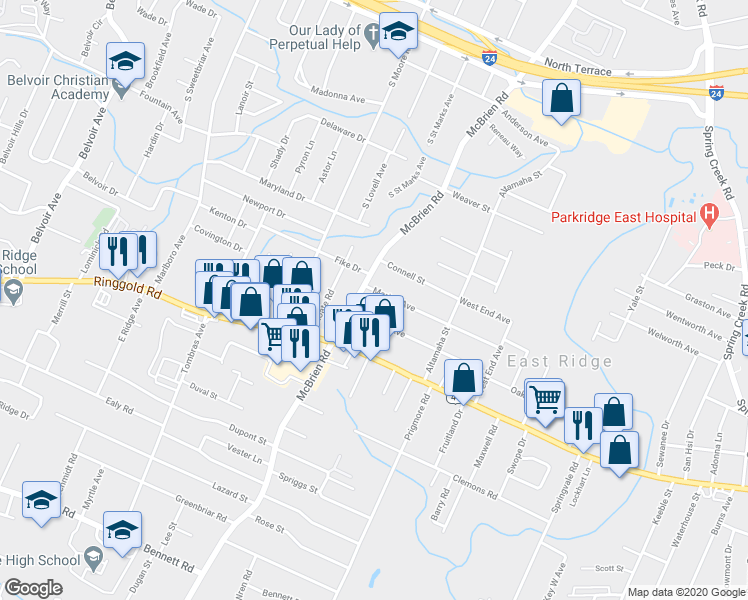 map of restaurants, bars, coffee shops, grocery stores, and more near 5306 Marion Avenue in Chattanooga