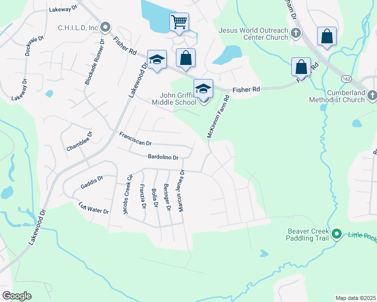 map of restaurants, bars, coffee shops, grocery stores, and more near 2603 Franciscan Drive in Fayetteville