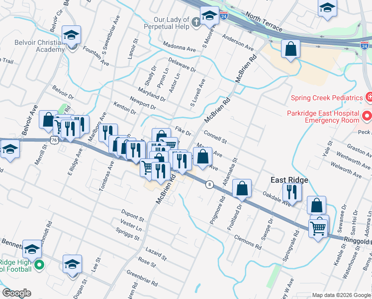 map of restaurants, bars, coffee shops, grocery stores, and more near 1314 Mcbrien Road in Chattanooga