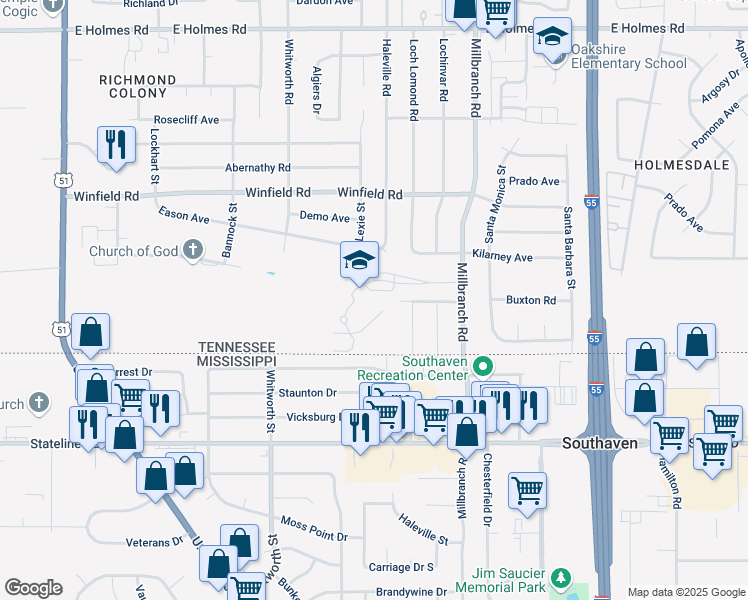 map of restaurants, bars, coffee shops, grocery stores, and more near 1555 McAlister Drive in Memphis