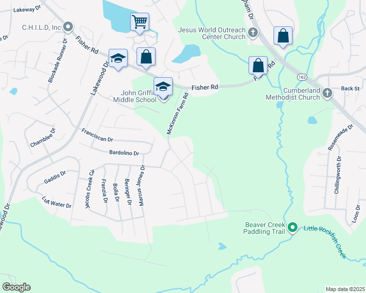 map of restaurants, bars, coffee shops, grocery stores, and more near 3018 McCandless Court in Fayetteville