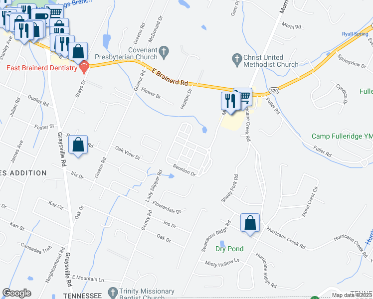 map of restaurants, bars, coffee shops, grocery stores, and more near 1084 Meeting Place in Chattanooga