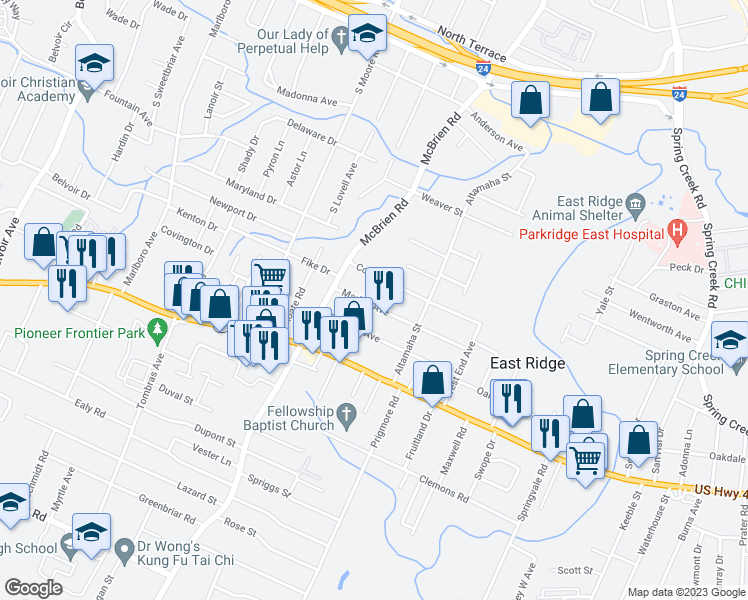 map of restaurants, bars, coffee shops, grocery stores, and more near 5315 Marion Avenue in Chattanooga