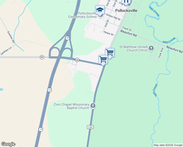 map of restaurants, bars, coffee shops, grocery stores, and more near 9128 U.S. 17 in Pollocksville