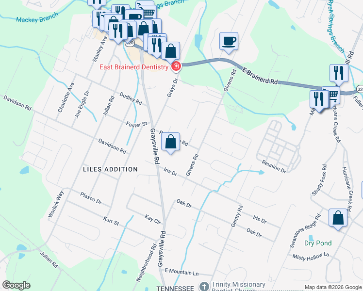 map of restaurants, bars, coffee shops, grocery stores, and more near 8238 Patterson Road in Chattanooga