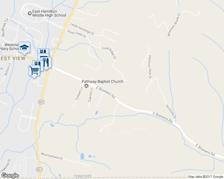 map of restaurants, bars, coffee shops, grocery stores, and more near 9811 East Brainerd Road in Ooltewah