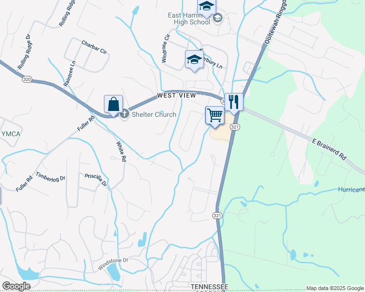 map of restaurants, bars, coffee shops, grocery stores, and more near 9646 East Brainerd Road in Chattanooga