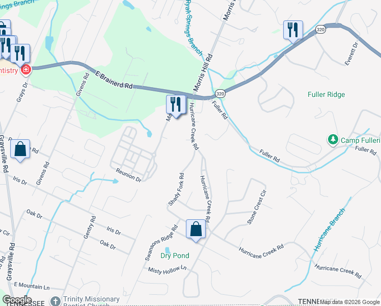 map of restaurants, bars, coffee shops, grocery stores, and more near 1132 Shady Fork Road in Chattanooga