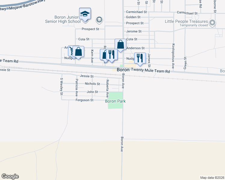 map of restaurants, bars, coffee shops, grocery stores, and more near 26933 John Street in Boron