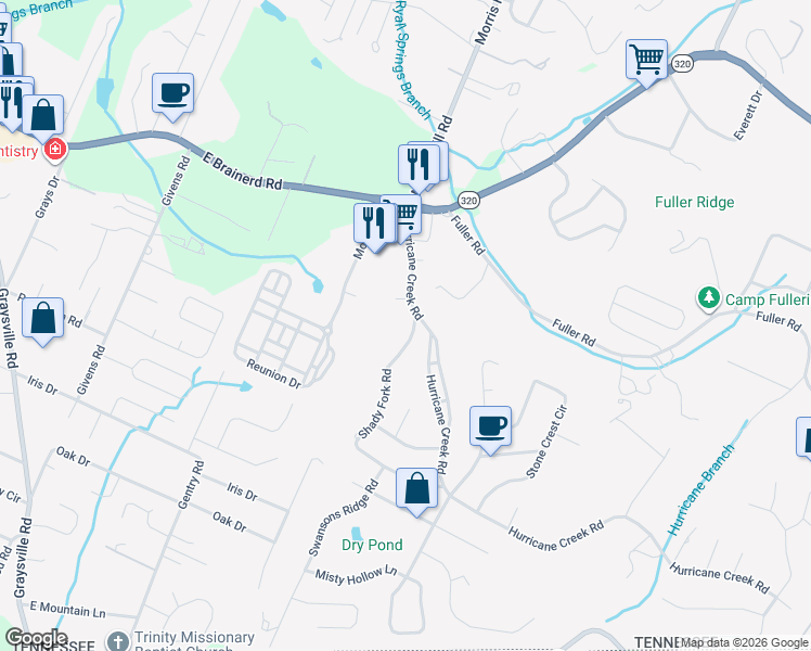 map of restaurants, bars, coffee shops, grocery stores, and more near 1132 Shady Fork Road in Chattanooga