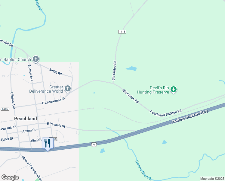 map of restaurants, bars, coffee shops, grocery stores, and more near 2929 Peachland-Polkton Road in Peachland