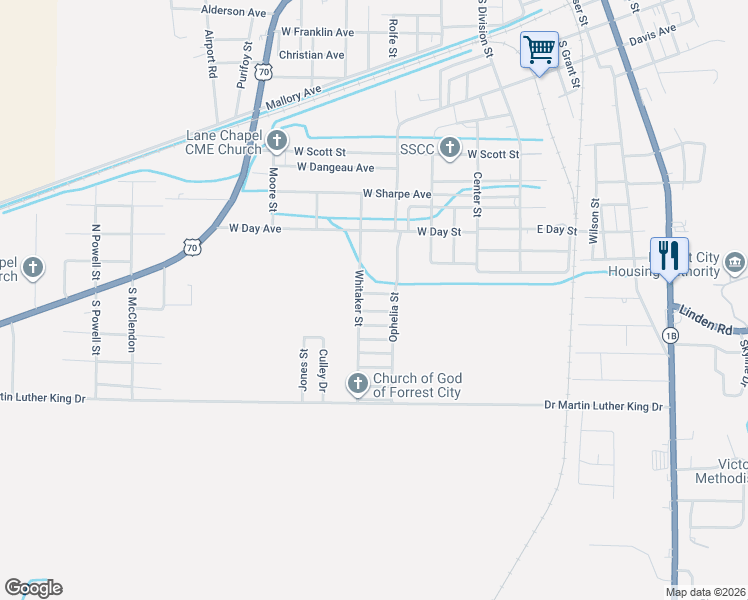 map of restaurants, bars, coffee shops, grocery stores, and more near 128 Eula Avenue in Forrest City