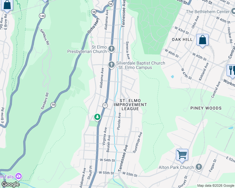 map of restaurants, bars, coffee shops, grocery stores, and more near 1506 West 47th Street in Chattanooga
