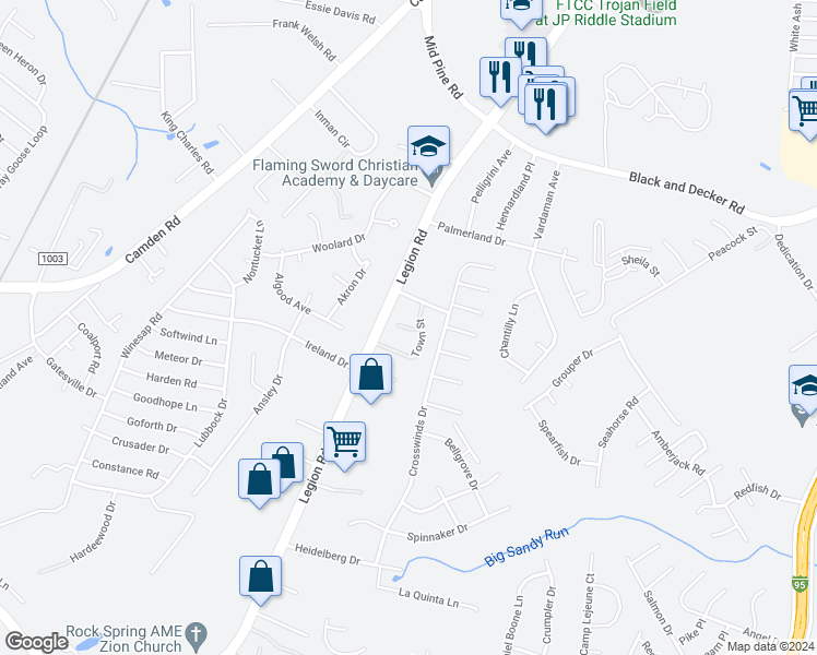 map of restaurants, bars, coffee shops, grocery stores, and more near 3508 Town Street in Hope Mills