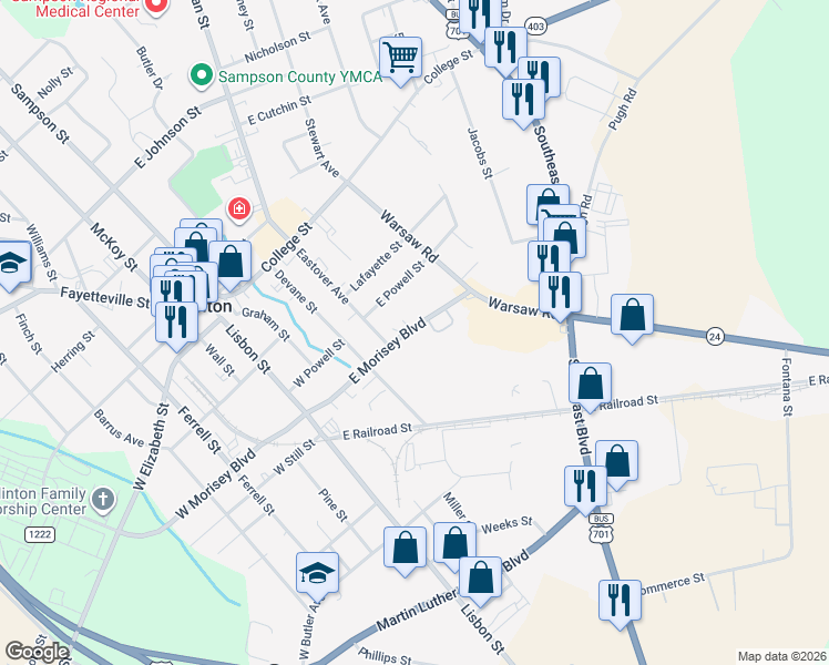 map of restaurants, bars, coffee shops, grocery stores, and more near 607 East Morisey Boulevard in Clinton