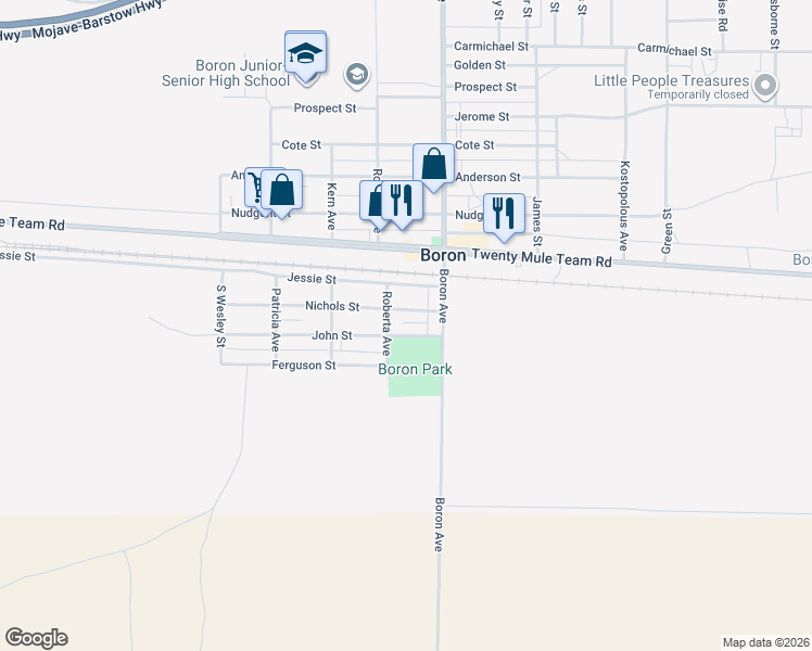 map of restaurants, bars, coffee shops, grocery stores, and more near 26933 John Street in Boron