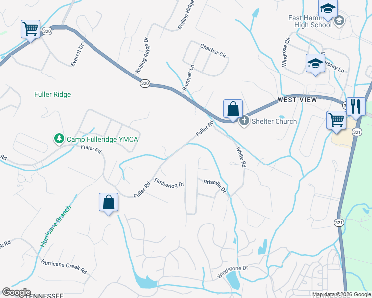 map of restaurants, bars, coffee shops, grocery stores, and more near 1412 Timbercrest Lane in Chattanooga