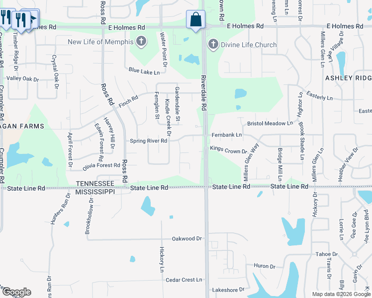 map of restaurants, bars, coffee shops, grocery stores, and more near 6930 Kindle Hill Cove in Memphis