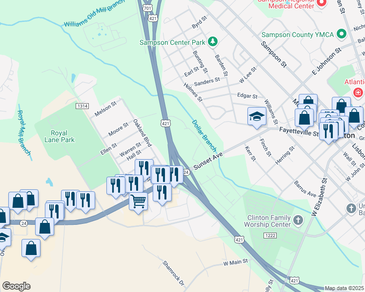 map of restaurants, bars, coffee shops, grocery stores, and more near 213 Forest Trail in Clinton