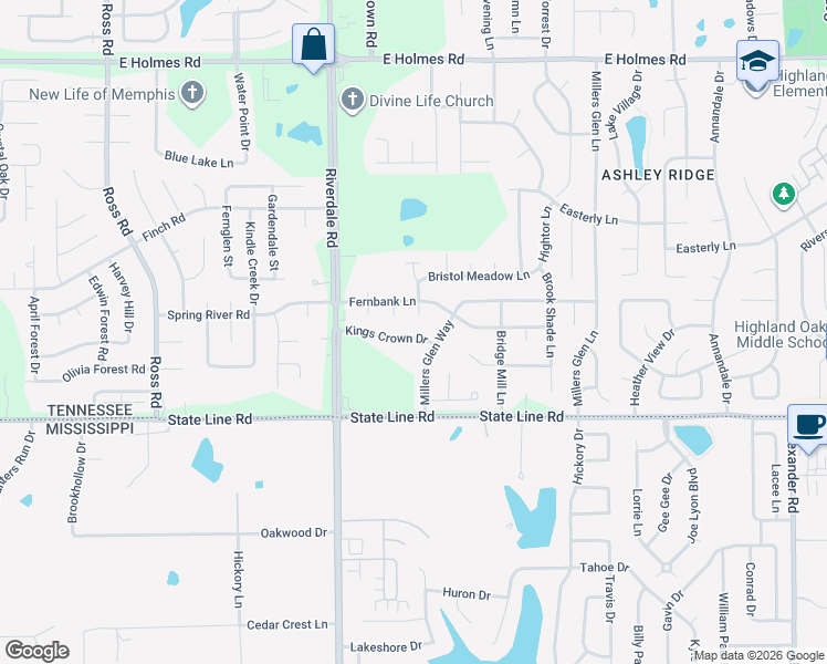 map of restaurants, bars, coffee shops, grocery stores, and more near 7064 Millers Glen Way in Memphis