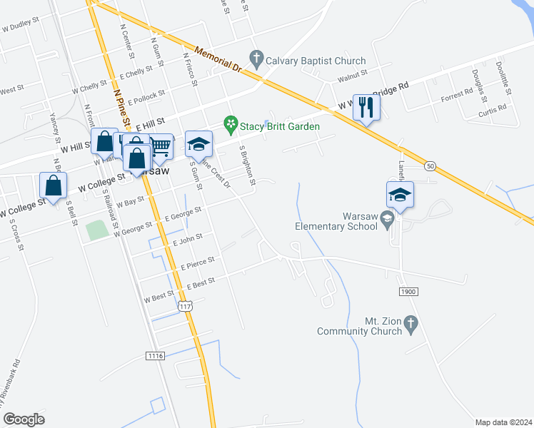 map of restaurants, bars, coffee shops, grocery stores, and more near East Dudley Street in Warsaw