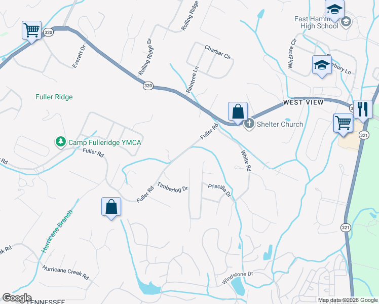 map of restaurants, bars, coffee shops, grocery stores, and more near 1412 Timbercrest Lane in Chattanooga