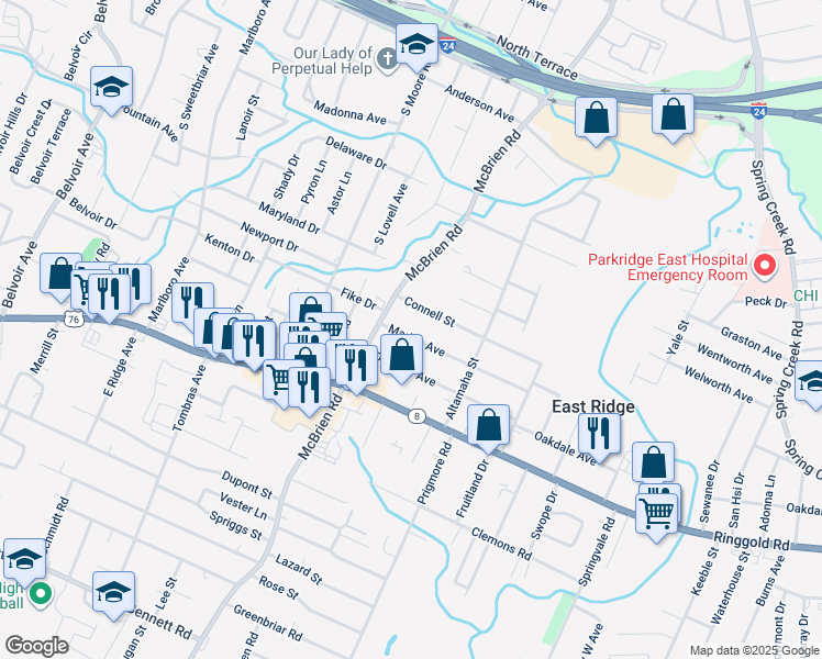 map of restaurants, bars, coffee shops, grocery stores, and more near 5312 Marion Avenue in Chattanooga