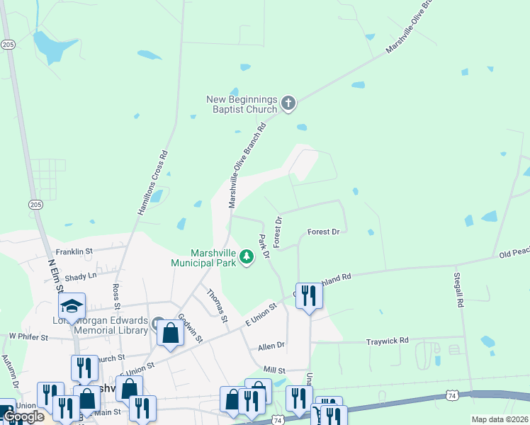 map of restaurants, bars, coffee shops, grocery stores, and more near 820 Park Drive in Marshville