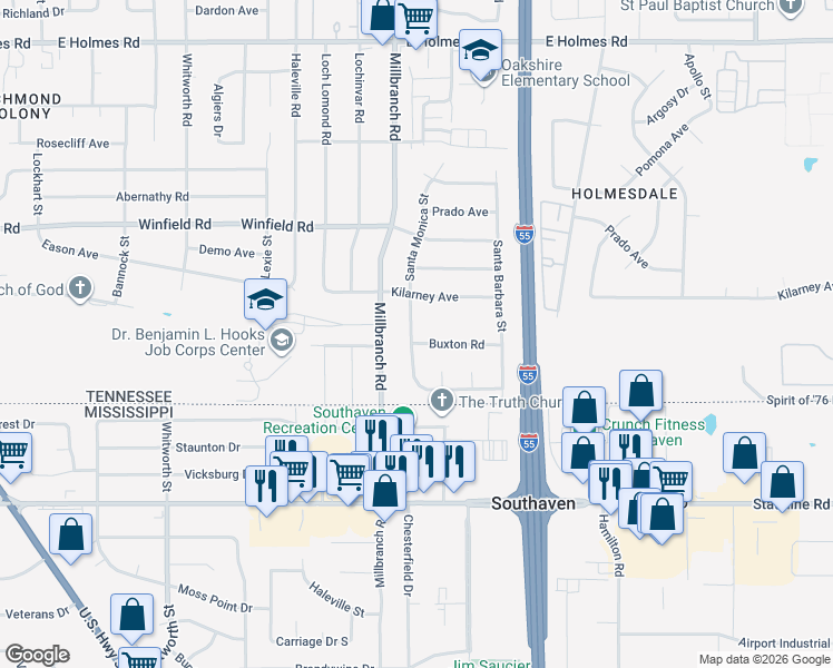 map of restaurants, bars, coffee shops, grocery stores, and more near 5538 Santa Monica Street in Memphis