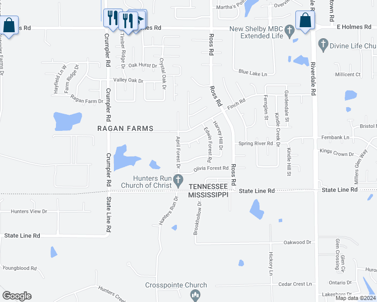 map of restaurants, bars, coffee shops, grocery stores, and more near 5535 Terri Lynn Cove in Memphis