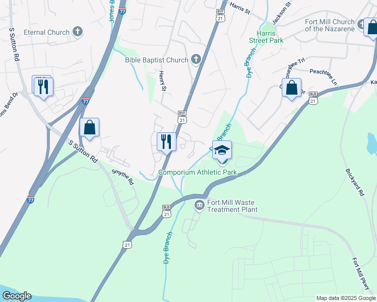 map of restaurants, bars, coffee shops, grocery stores, and more near 418 Scarlett Lane in Fort Mill
