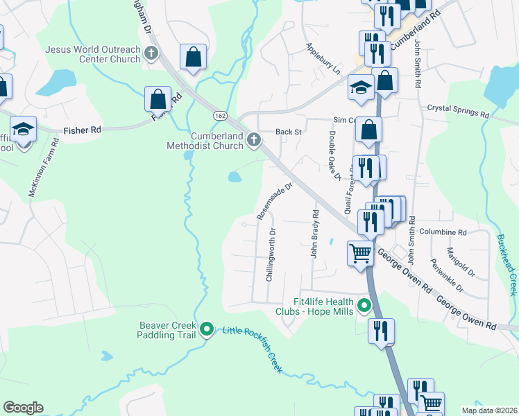 map of restaurants, bars, coffee shops, grocery stores, and more near 2904 Rosemeade Drive in Fayetteville