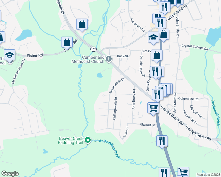 map of restaurants, bars, coffee shops, grocery stores, and more near 2836 Rosemeade Drive in Fayetteville