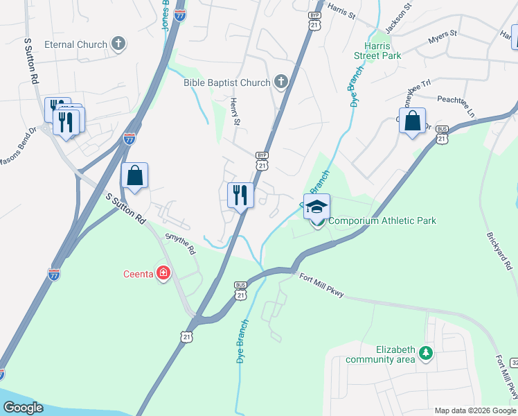 map of restaurants, bars, coffee shops, grocery stores, and more near 258 Tail Race Lane in Fort Mill