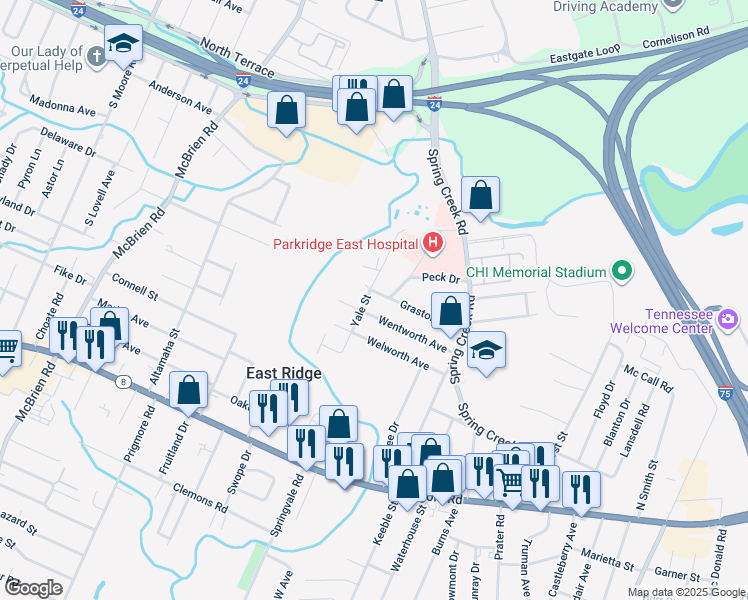 map of restaurants, bars, coffee shops, grocery stores, and more near 5808 Graston Avenue in Chattanooga