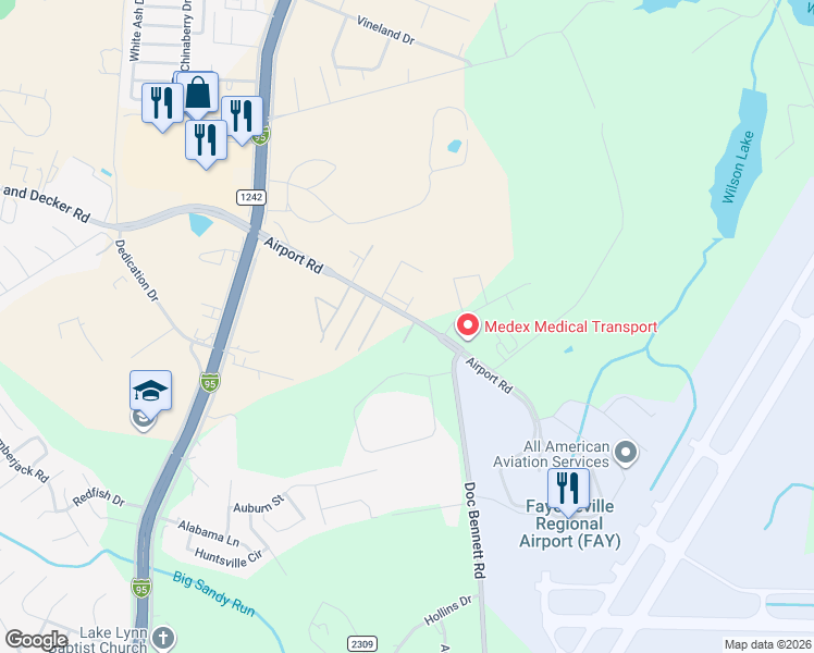 map of restaurants, bars, coffee shops, grocery stores, and more near 171-173 Airport Road in Fayetteville