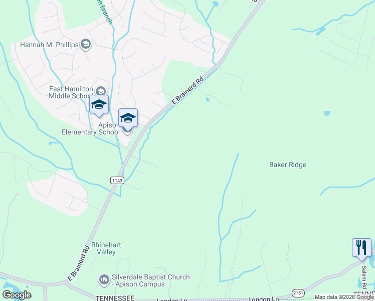 map of restaurants, bars, coffee shops, grocery stores, and more near 10424 East Brainerd Road in Apison